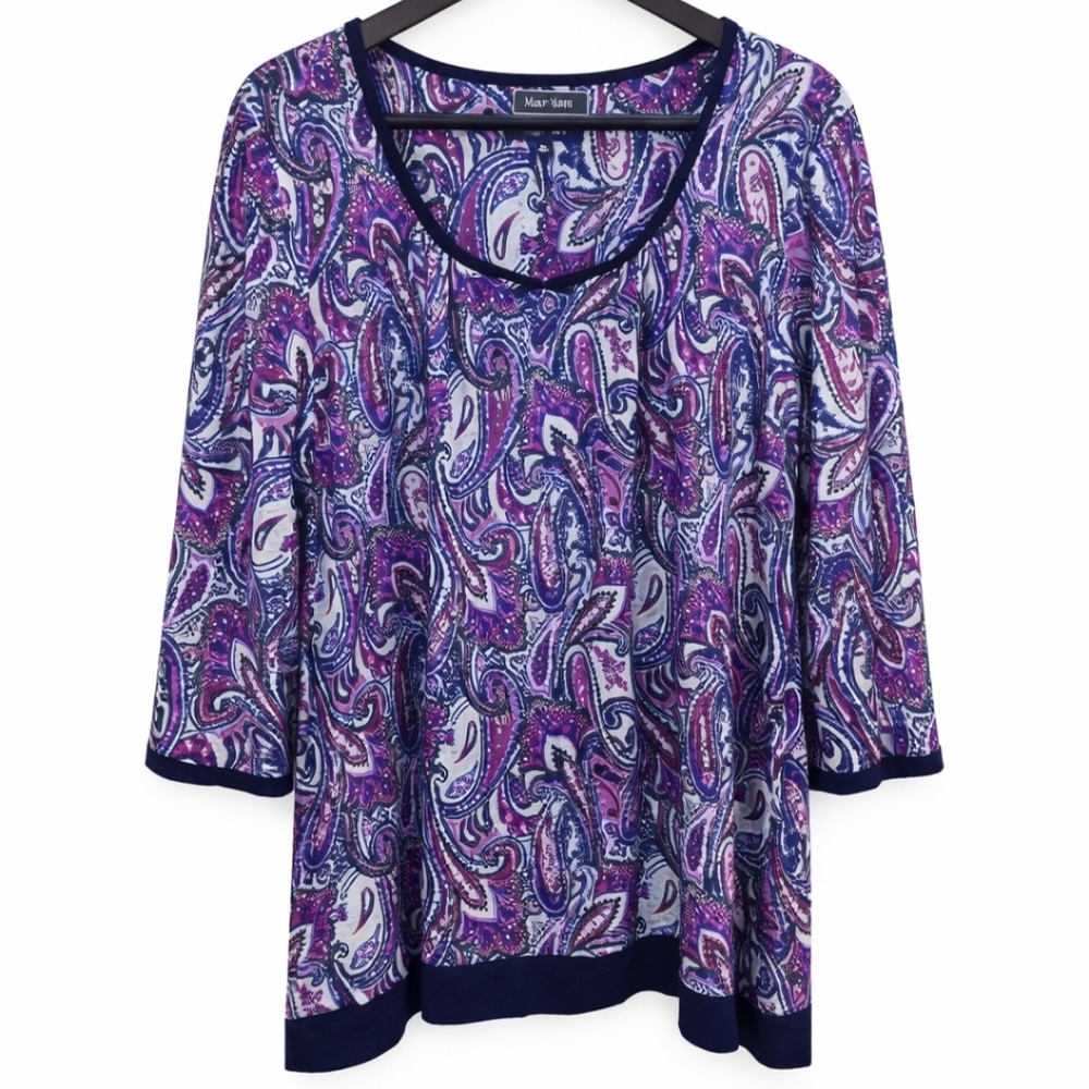 Ellen Tracy Purple Paisley Asymmetrical Hem Spandex Blend Top Sz Lg